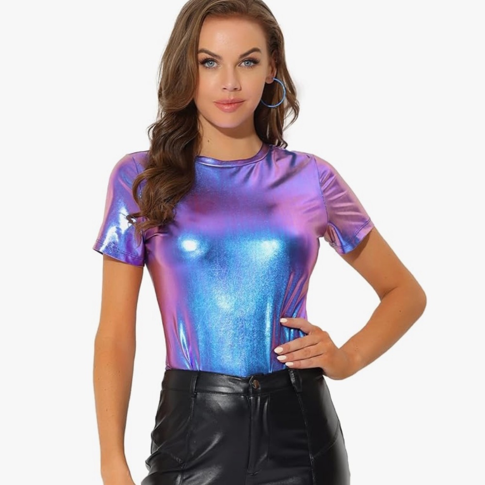 Allegra K Women's 80s Disco Outfit Party Club Sparkly Rainbow Metallic Top